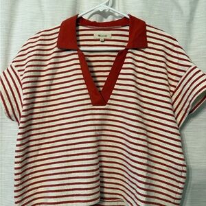 Madewell Red and White Striped V-Neck Top